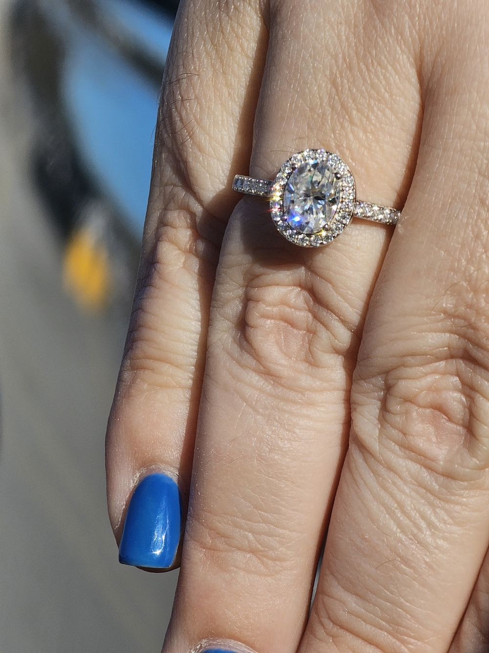 Classic Silver Halo Oval Moissanite Engagement Ring S925 - Picture 7 of 8